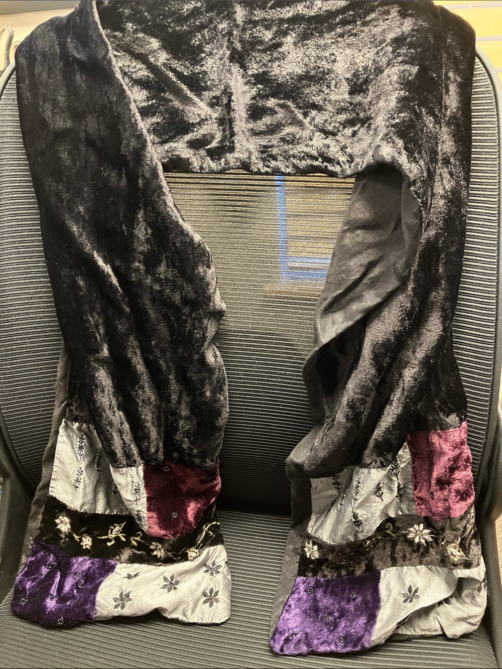 Vintage velour scarf with embroidery and beaded flowers, dark dramatic goth